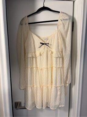 Francesca's Collections Cream Swiss Dot Ruffle Dress with Black Bow